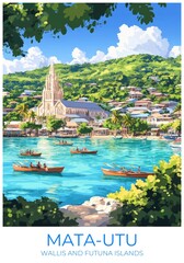 Obraz premium Mata-utu Wallis and futuna islands Travel Poster Flat Illustration Print Decor Gift Canvas Wall Art Gift