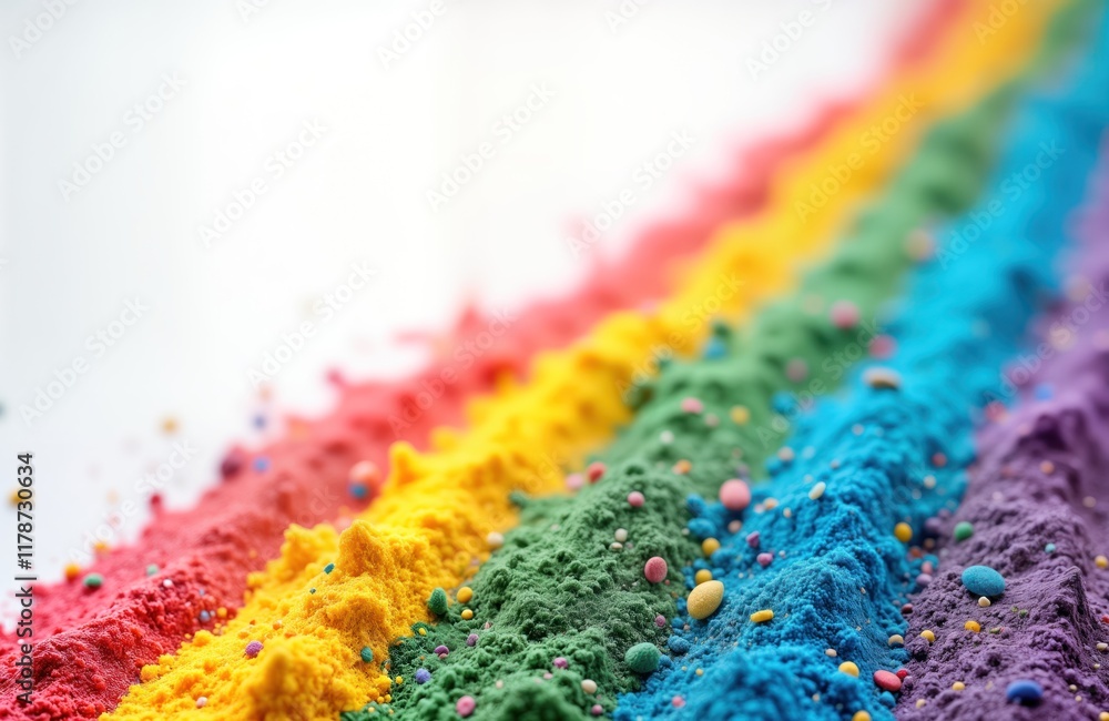 Poster colorful rainbow stripes of coloured sand with small colorful sprinkles on white background. vibrant