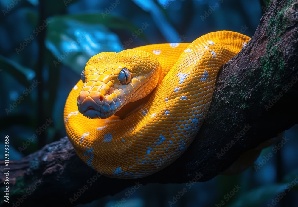 Poster vibrant yellow python coiled on a branch in a lush tropical environment, showcasing its stunning sca