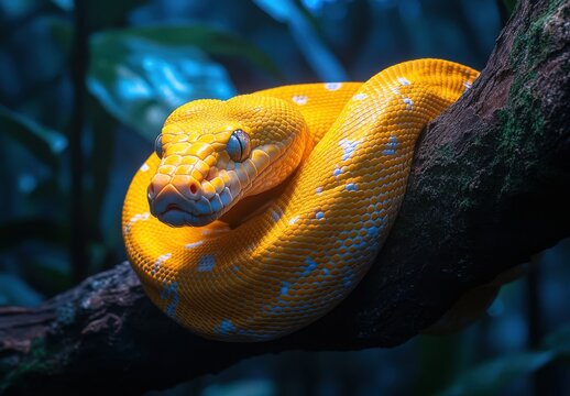 Vibrant Yellow Python Coiled on a Branch in a Lush Tropical Environment, Showcasing Its Stunning Scales and Expressive Features Under Soft Lighting