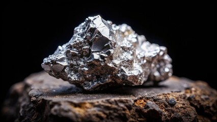 Close-up of silver mineral embedded in dark rock, showcasing geological texture.