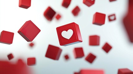 3D red social media-like icon floating in the air with a white heart inside, blurred background, cartoon style, low-angle shot, simple design, high resolution.