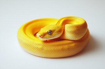 Fototapeta premium Vibrant Yellow Snake Coiled on White Background, Showcasing Bright Colors and Unique Patterns, Perfect for Nature and Wildlife Photography