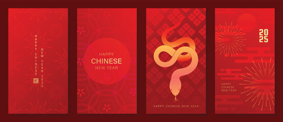 Fototapeta premium Chinese New Year 2025 hongbao red envelope design vector. Collection of Chinese festival with flower, snake, firework, pattern. Elegant oriental illustration for angpao, cover, website, calendar, ads.