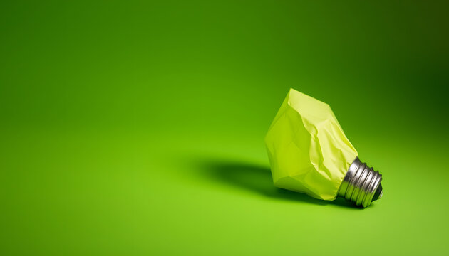 Green crumpled paper light bulb on green background, Corporate Social Responsibility (CSR), eco-friendly business and environmental concept, dinamic scene, with white tones