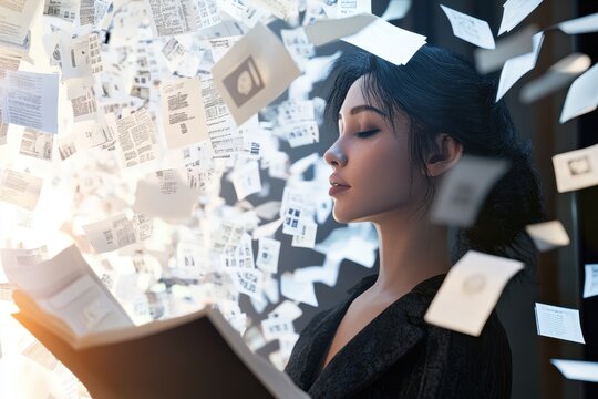 Floating papers surround a young woman immersed in reading in a dimly lit room - Powered by Adobe