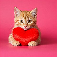 Kitten hugging red heart. Cute cat on pink background. Valentine's Day love concept. Banner, advertisement, billboard for animal shelter, veterinary clinic.