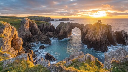 Obraz premium Dramatic Coastal Sunset Ocean Arch Rocky Cliffs Golden Hour