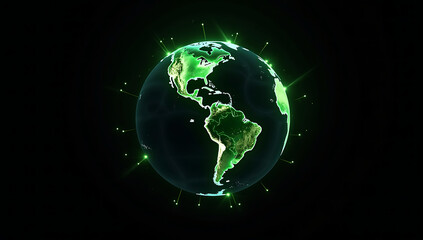 Fototapeta premium Glowing green connecting lines and points around Earth, highlighting night lights over North and South America against a black background, representing digital global communication and connectivity.