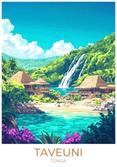 Taveuni Tonga Travel Poster Flat Illustration Print Decor Gift Canvas Wall Art Gift