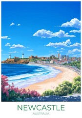 Newcastle Australia Travel Poster Flat Illustration Print Decor Gift Canvas Wall Art Gift