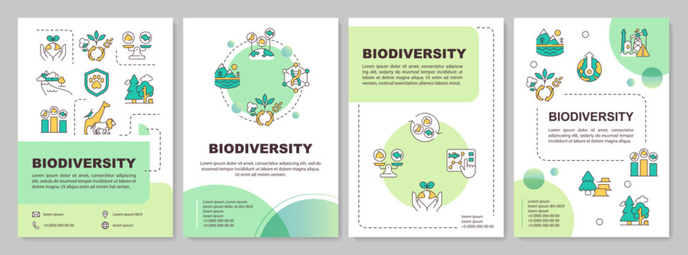 Biodiversity green circle brochure template. Causes of biodiversity loss. Ecosystems. Leaflet design with linear icons. Editable 4 vector layouts. Arial-Black, Myriad Pro-Regular fonts used