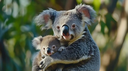 Obraz premium Mother koala cuddling her baby with love