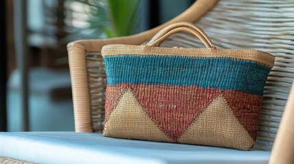 A vibrant woven bag with a portable hot fan sitting on a beachside chair