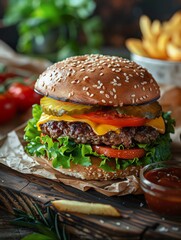 Juicy cheeseburger with lettuce, tomato, and pickle, served with french fries and ketchup.