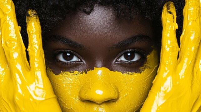 A striking portrait of a woman with dark skin and bold yellow paint covering her face and hands. Highlights creativity, individuality, and artistic expression.