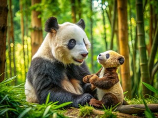 Obraz premium Sweet panda embraces a soft teddy bear, a heartwarming wildlife scene.