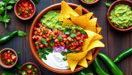 Colorful Mexican Bowl with Guacamole, Salsa, and Crispy Tortilla Chips on Wooden Table