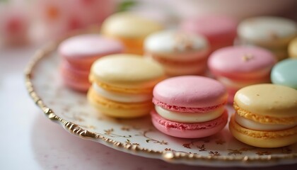 Fototapeta premium Delightful Pastel Macarons on Antique Plate