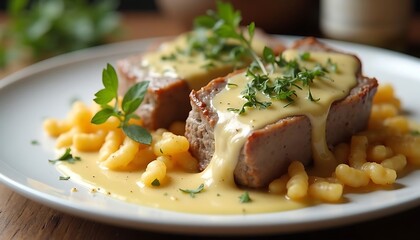Delicious Meatloaf with Creamy Sauce and Spätzle