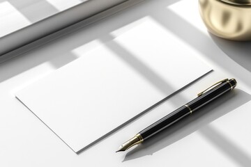 Naklejka premium Minimalist white notepad with a black pen on a desk
