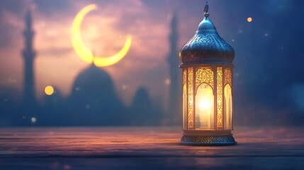 Obraz premium Lantern and a crescent moon for Eid Mubarak and Ramadan Kareem on a blue background, with copy space for text