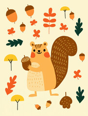 playful squirrel holding acorn, surrounded by colorful leaves and acorns, creates charming and natural theme in this hand drawn illustration