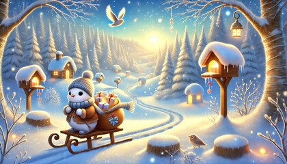 Naklejka premium A Heartwarming Winter Scene Featuring a Little Bird Postman Delivering Magic Parcels in a Serene Snowy Forest