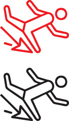 Minimalist warning sign, stick figure falling, caution symbol, red and black outlines, simple geometric shapes, safety hazard illustration, contrasting colors, bold graphic design, danger pictogram, u