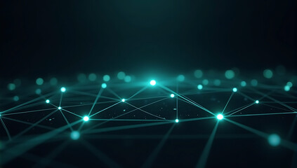 Abstract technology background featuring glowing cyan network connection lines and dots in a low-poly style, set against a charcoal gray dark space for internet and business designs.