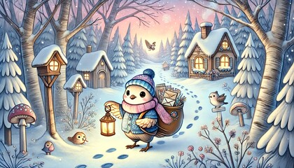 A Magical Winter Scene with a Cheerful Bird Mail Carrier Delivering Enchanted Parcels in a Serene Forest Setting