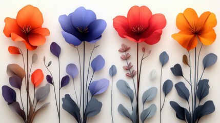Colorful paper flowers and leaves arranged in a row on white background.