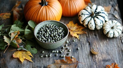 Fototapeta premium A rustic autumn table featuring black-eyed peas alongside pumpkins and leaves
