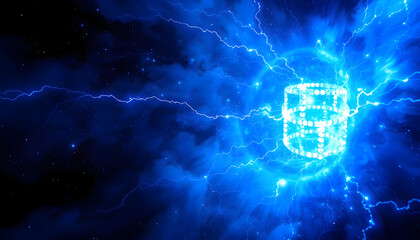 Data server with lightning, cybersecurity threat, network attack concept.

