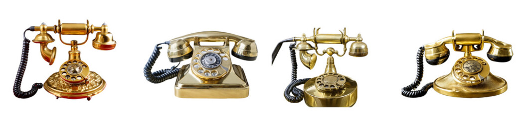 Close-up of an old fashioned gold phone against on transparent background top view