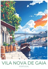 Vila nova de gaia Portugal Travel Poster Flat Illustration Print Decor Gift Canvas Wall Art Gift