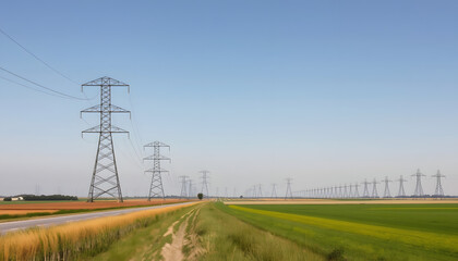 Panoramic view of a row of electricity pylons next to a road in the french countryside with dozens of other pylons in the distance under a clear blue sky, one line art, with white tones