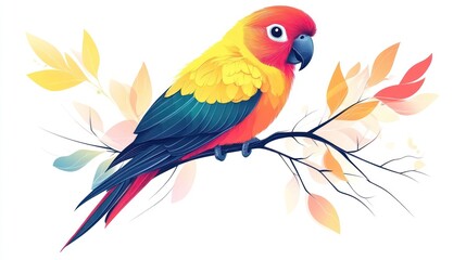 Obraz premium Colorful parrot perched on a branch with autumn leaves.