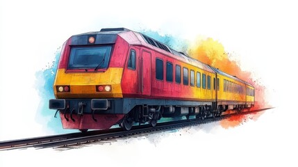 Obraz premium Colorful watercolor-style illustration of a passenger train on tracks.