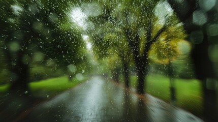 Blurry view of a park pathway under rain with vibrant green trees creating a serene and atmospheric scene perfect for nature themes.
