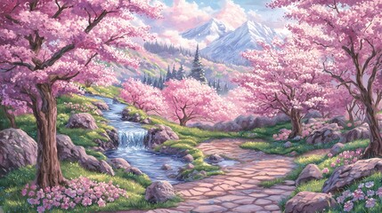 Serene Cherry Blossom Landscape with Mountain Scenery and Stream