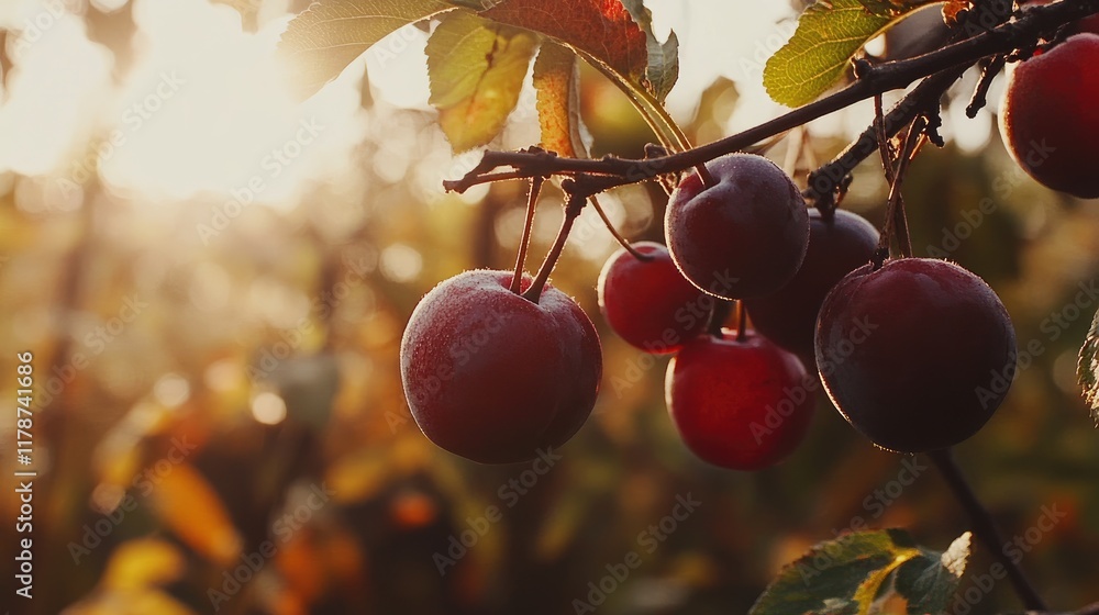 Poster ripened red plums hanging on a tree branch illuminated by sunlight in a serene orchard setting durin