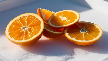 Fototapeta premium Ultra-realistic macro image of a peeled orange, showcasing glossy segments, arranged elegantly on a clean white surface