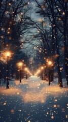 Blurred glowing golden light reflecting softly on a snowy forest road creating a peaceful and magical wintertime backdrop