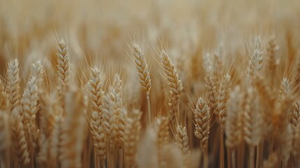 Obraz premium Ripening wheat ears in a golden field showcasing agricultural beauty and vibrant grain growth in close-up detail.