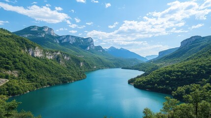 Serene mountain river landscape with lush forests under a clear blue sky and picturesque clouds reflecting in tranquil waters
