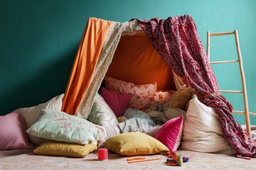 Colorful indoor blanket fort with pillows and toys in a cozy setting