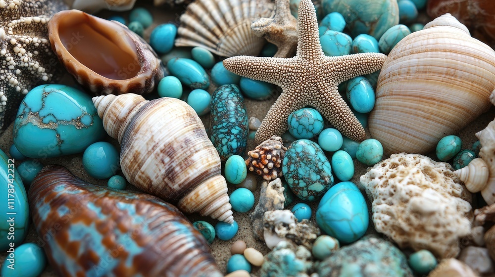 Poster close up of assorted seashells starfish and turquoise gemstones on sandy beach with space for text i