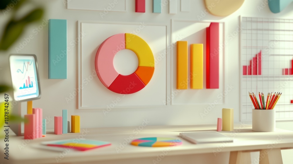 Fototapete d bars and pie chart graphics in vivid colors, floating in space against a neutral backdrop for a vi