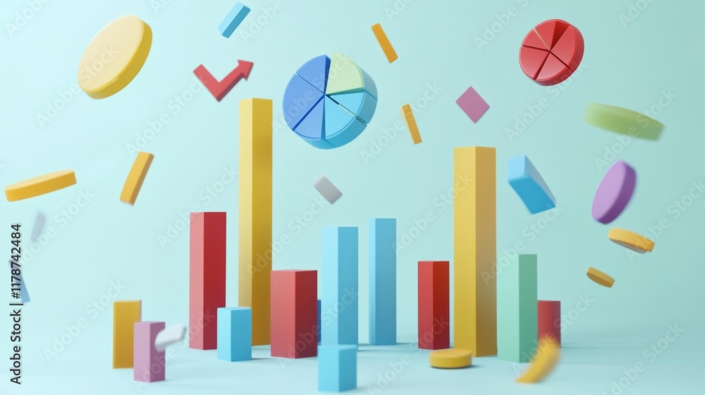 Leinwandbilder D bars and pie chart graphics in vivid colors, floating in space against a neutral backdrop for a visually impactful design